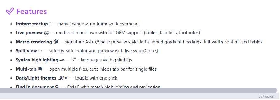 Close-up of GlanceMD rendering GFM lists, bold text, and inline icons with a gradient section heading